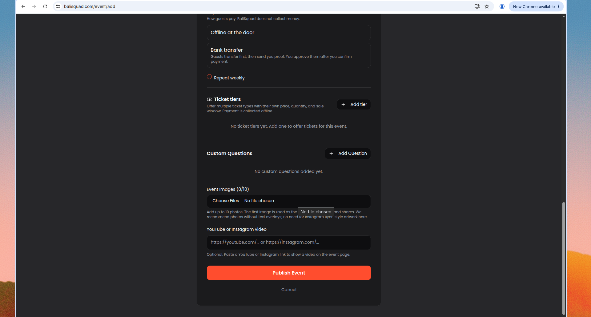Add Event form: images, optional video, and Publish Event