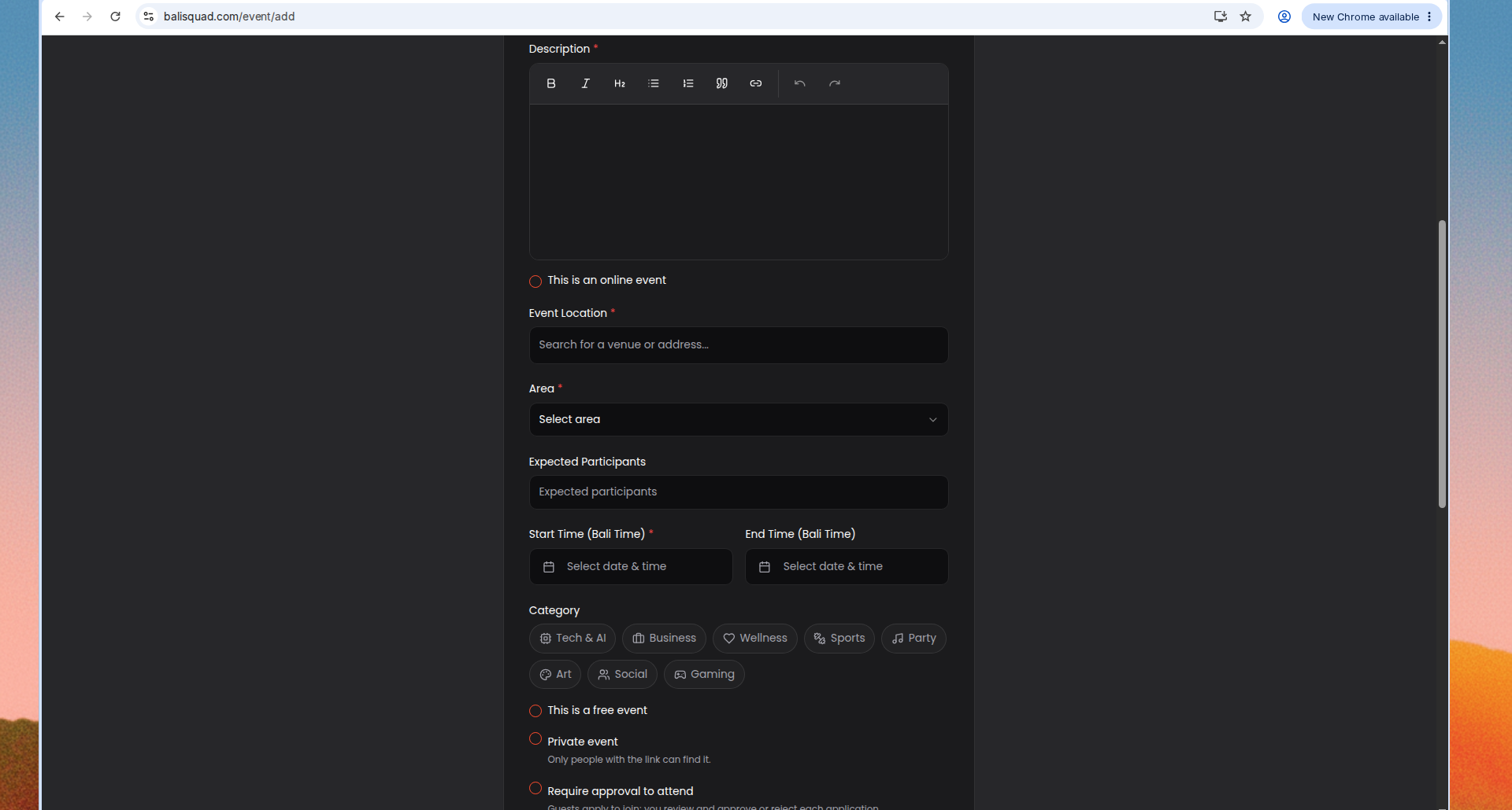 Add Event form: location, area, and start/end time
